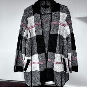 Adrienne Vittadini Soft Black, Red & White Plaid Extra Long Open Cardigan, L